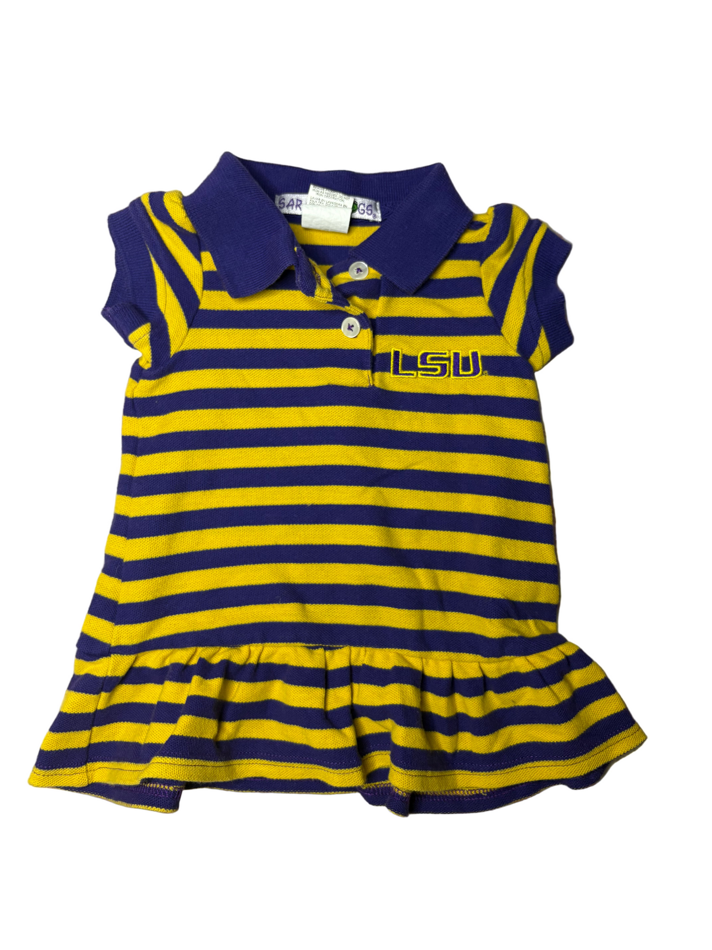 Purple and gold striped LSU toddler dress with short sleeves and ruffle hem