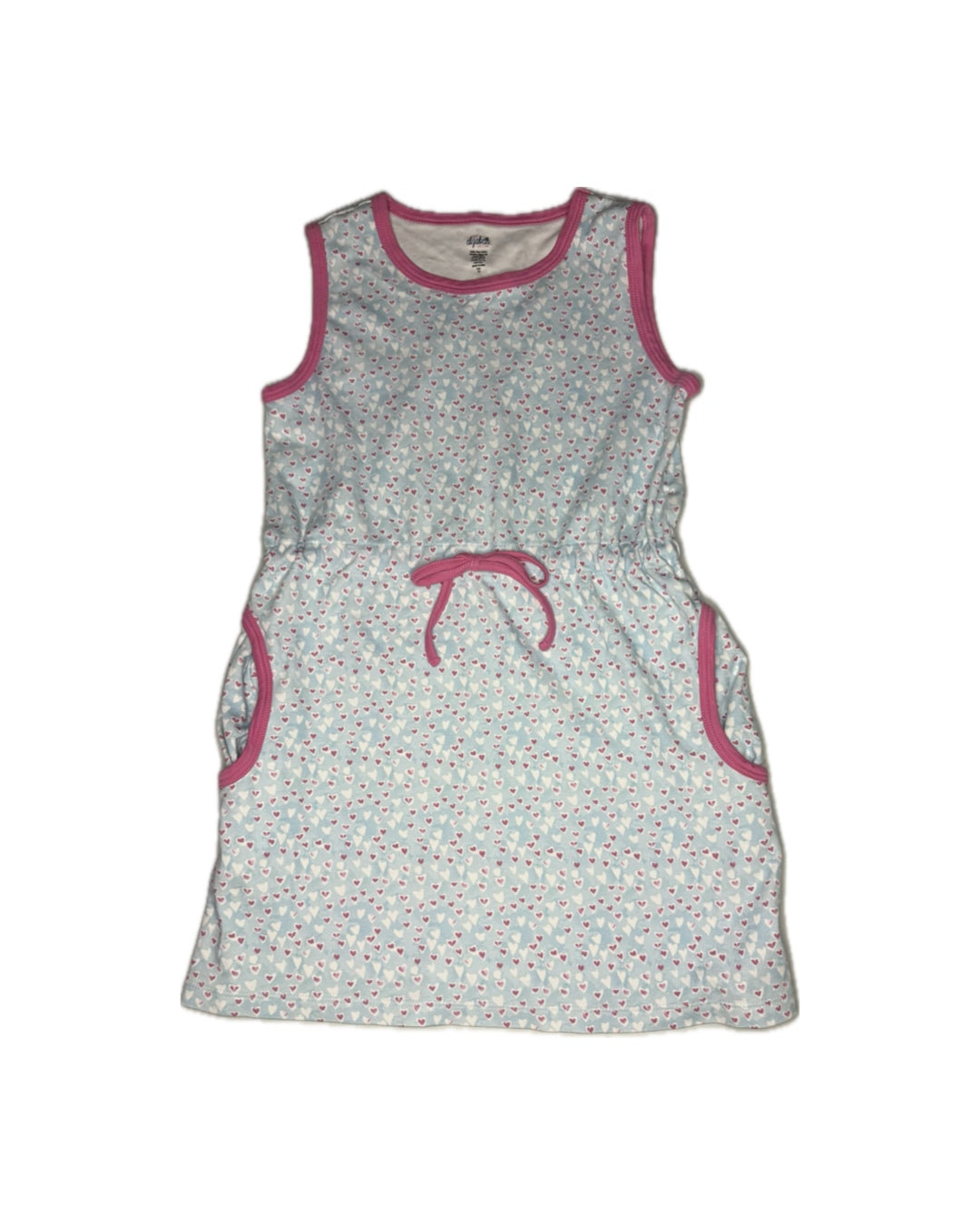 Gray sleeveless dress with pink trim on a white background