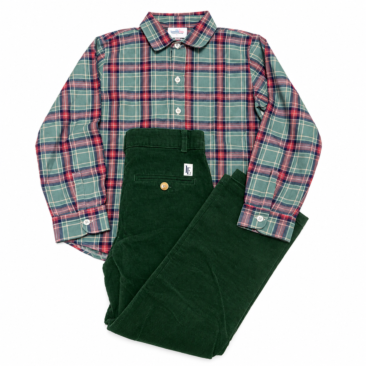 James & Lottie + Little English Green Cord Tartan Button Down Set