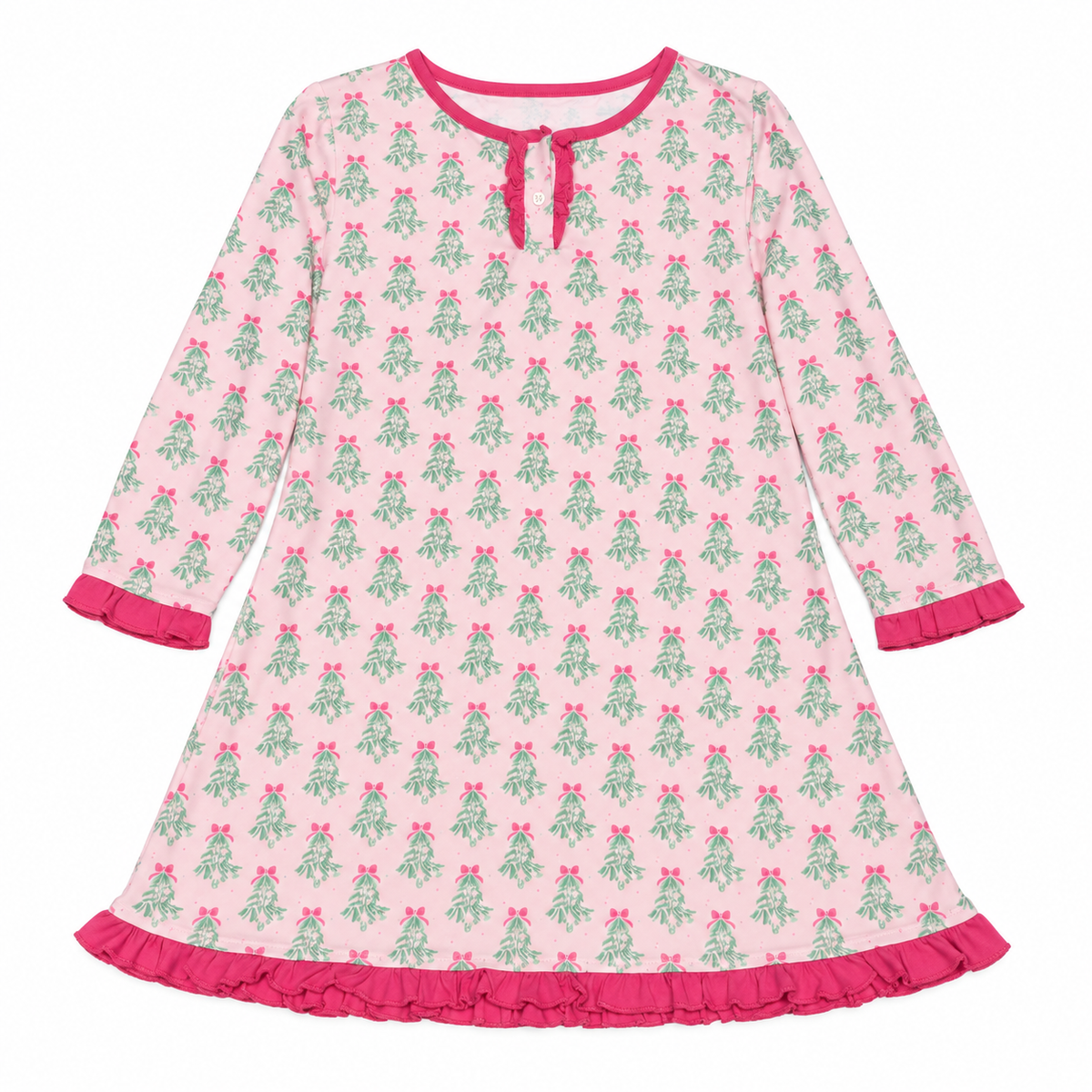 12 James & Lottie Pink Christmas Tree Bow LS Dress/Night Gown