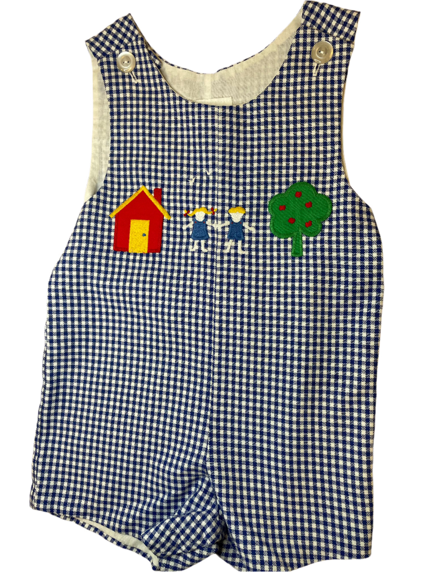 Blue gingham children’s romper with house, kids, and tree appliqué details