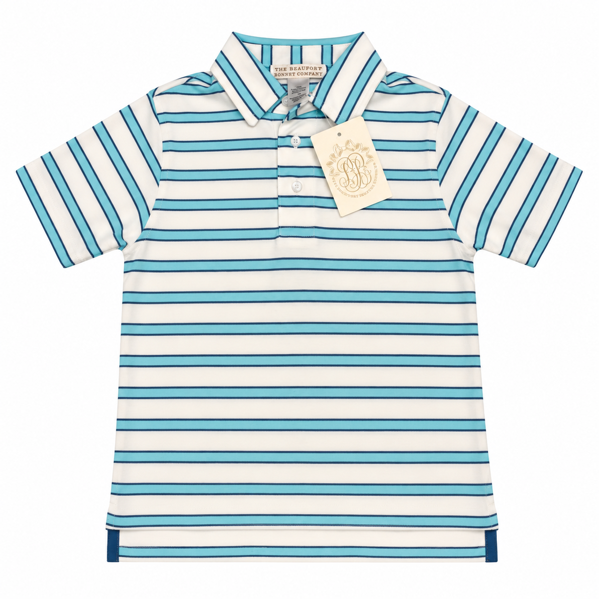 6 TBBC Prim & Proper Polo Worth Ave White Bellhaven Blue & Wood Boat Blue Stripe