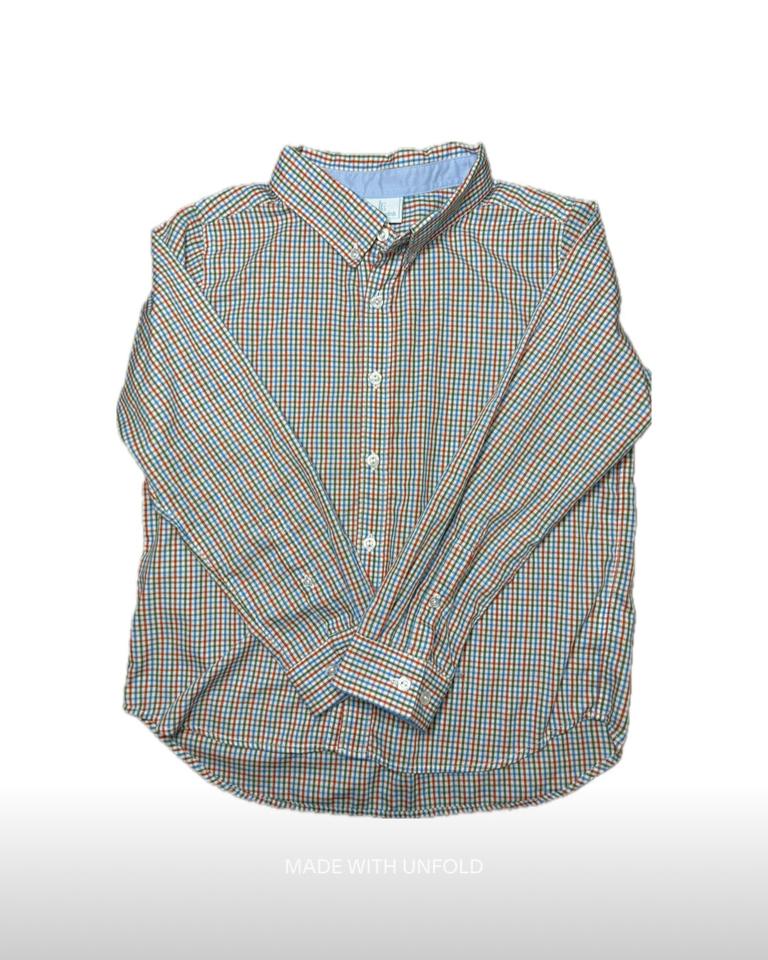 Boys long sleeve button-down shirt with colorful plaid pattern on white background