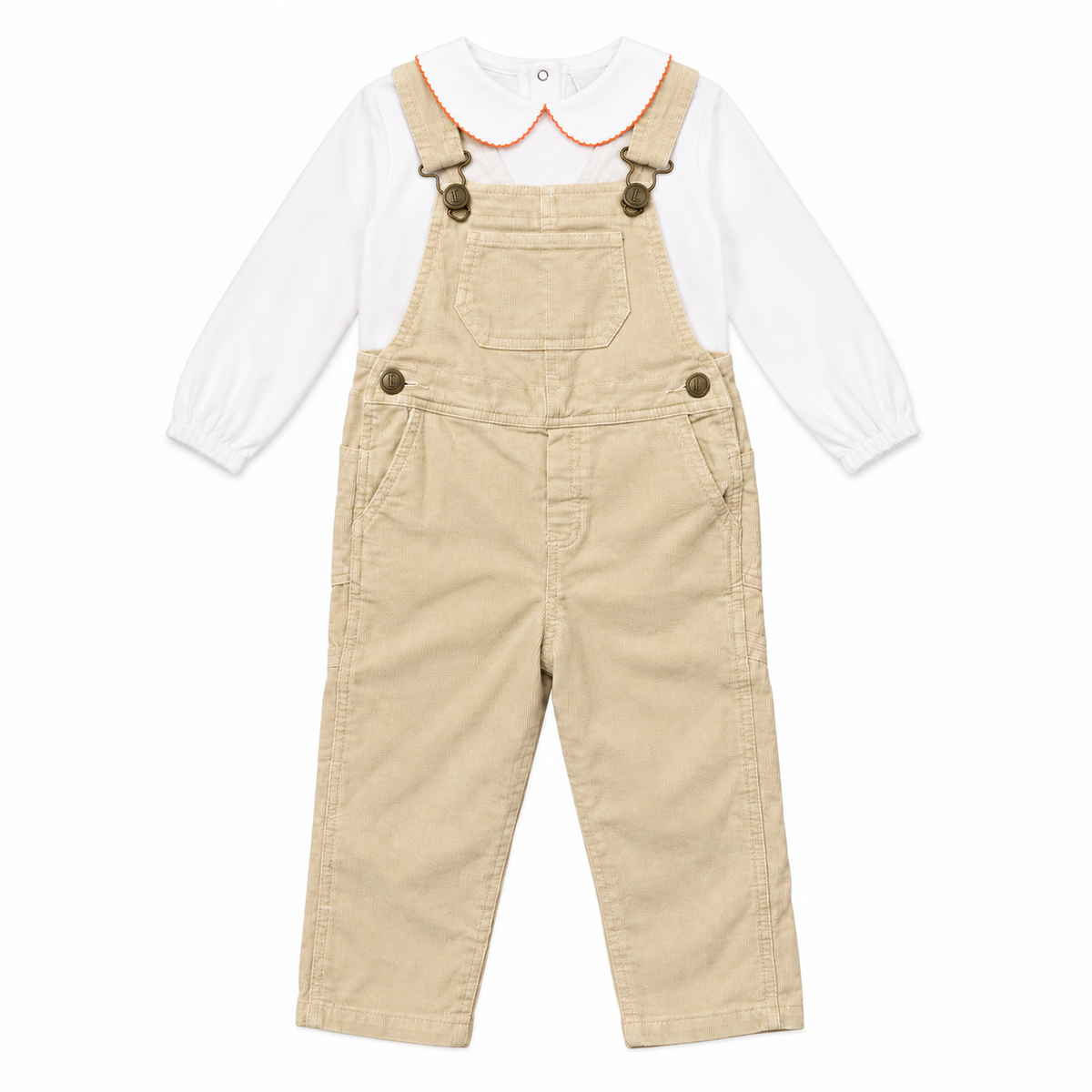 4T Little English Khaki Cord Overalls + PBJ Orange Knit Piping