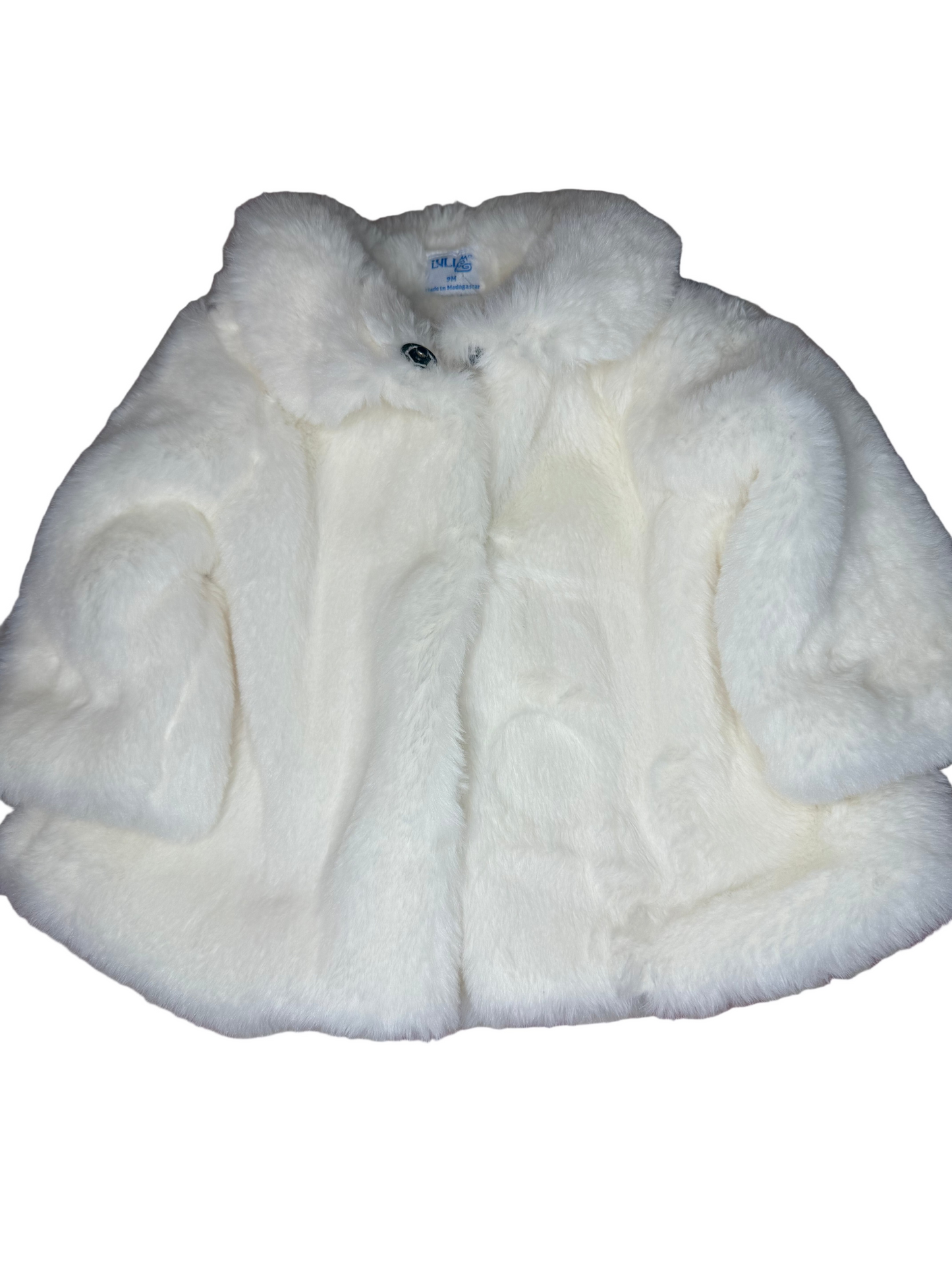 Children’s white faux fur coat with collar, long sleeves, and single button closure