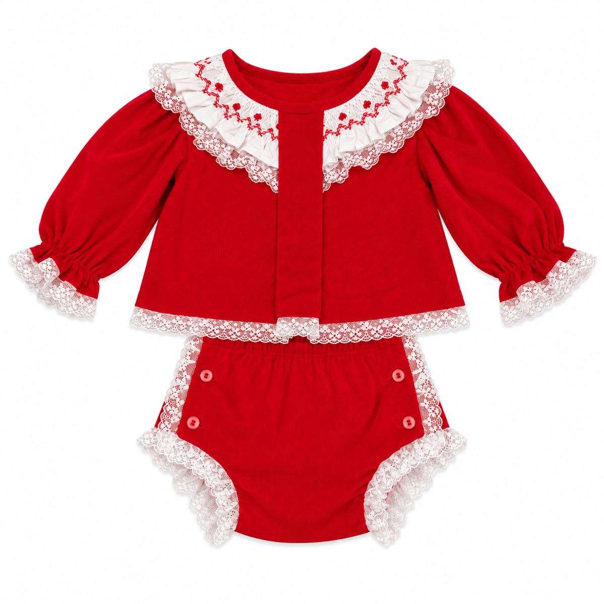 NB Cecil & Lou Red Cord Heirloom Smocked Bloomer Set