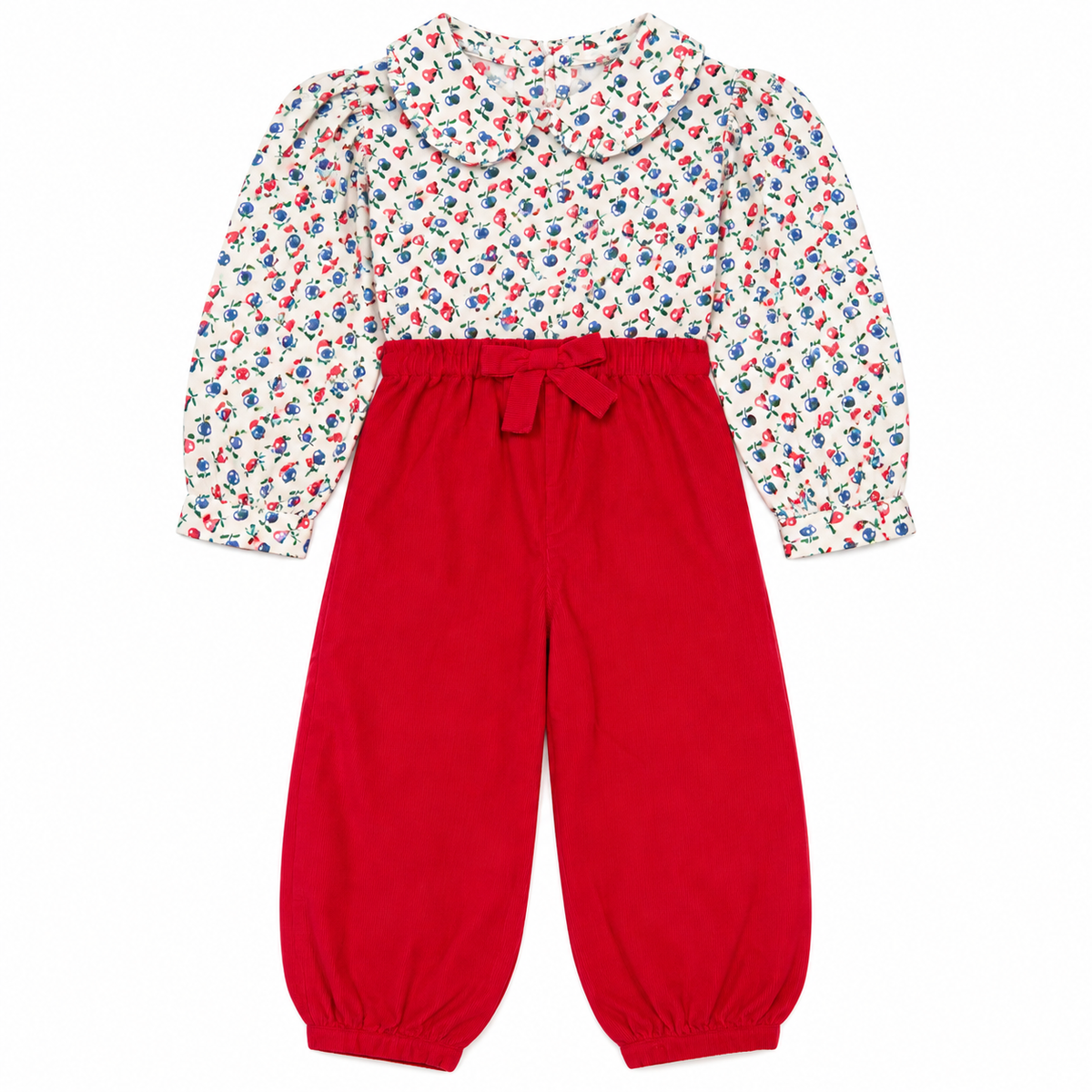 4T Little English Ruffle Fruit Red Cord Bow Pant Set