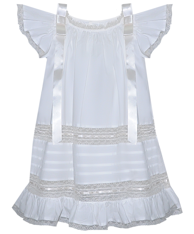 White girls' flutter sleeve dress with lace trim, satin ribbons, and ruffle hem detailing