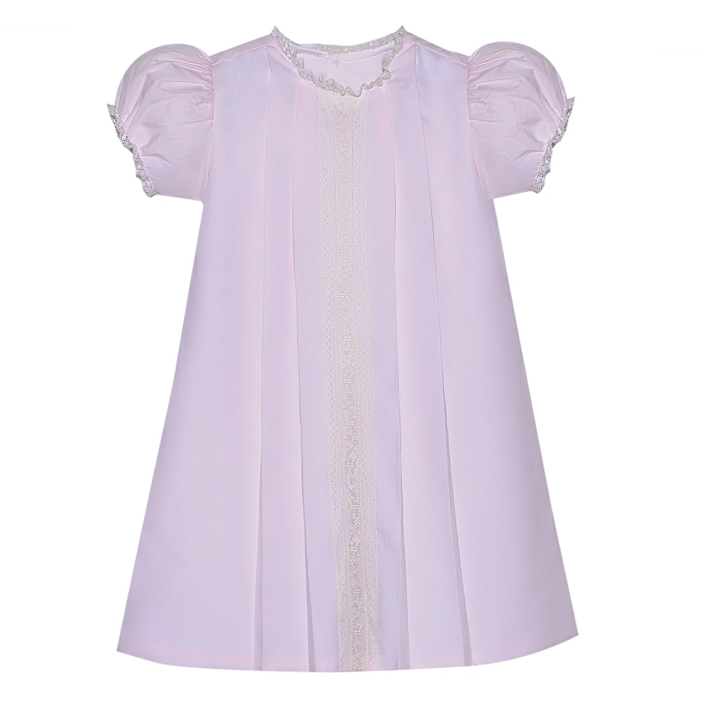 Light pink girls' dress with puff sleeves, lace trim, and vertical pleats