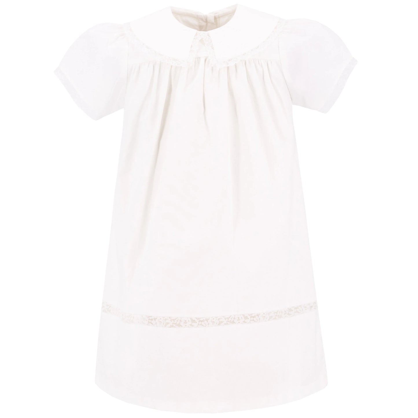 White short sleeve classic children's dress with lace trim and Peter Pan collar