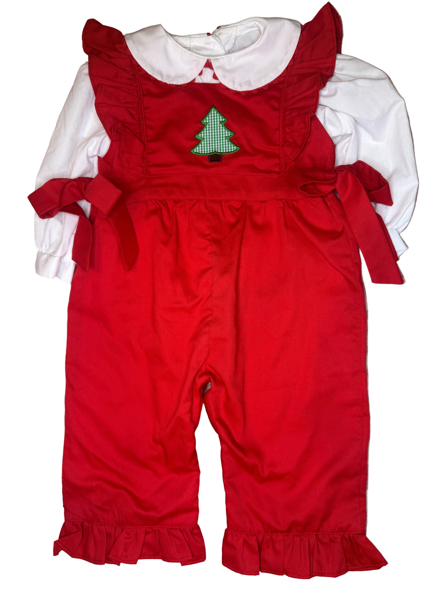 Red ruffle Christmas romper with green tree applique and white collared shirt for children