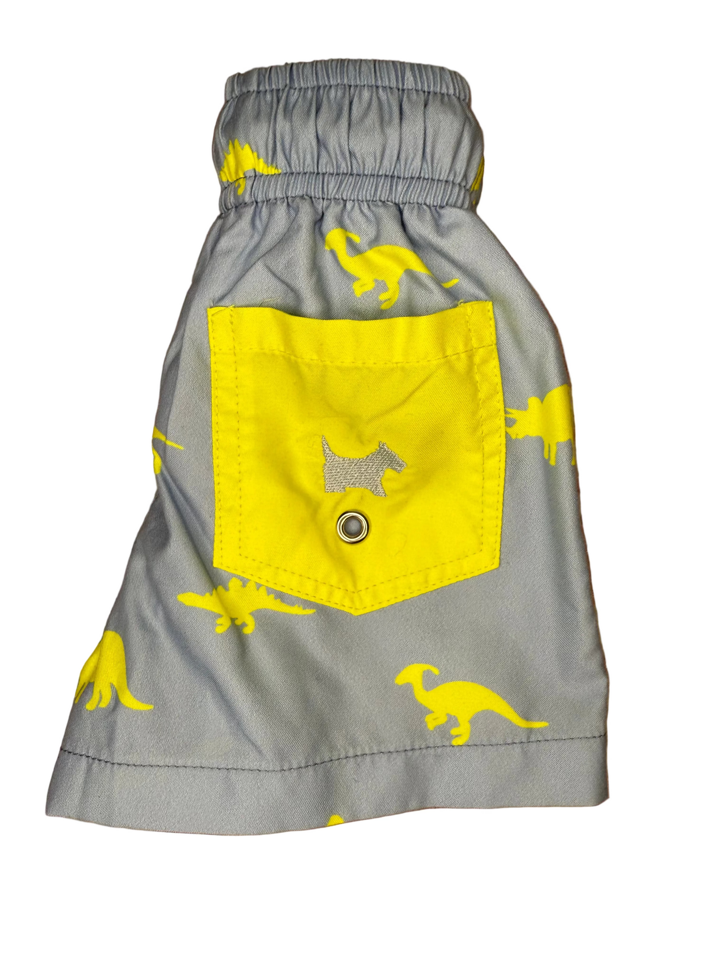 Gray children's shorts with yellow dinosaur print and yellow pocket with dog embroidery