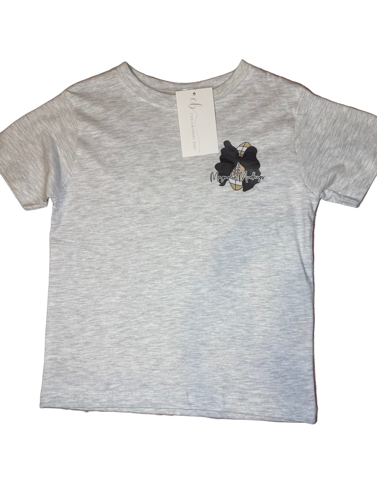 Light grey short sleeve kids t-shirt with football and bow applique and tag attached