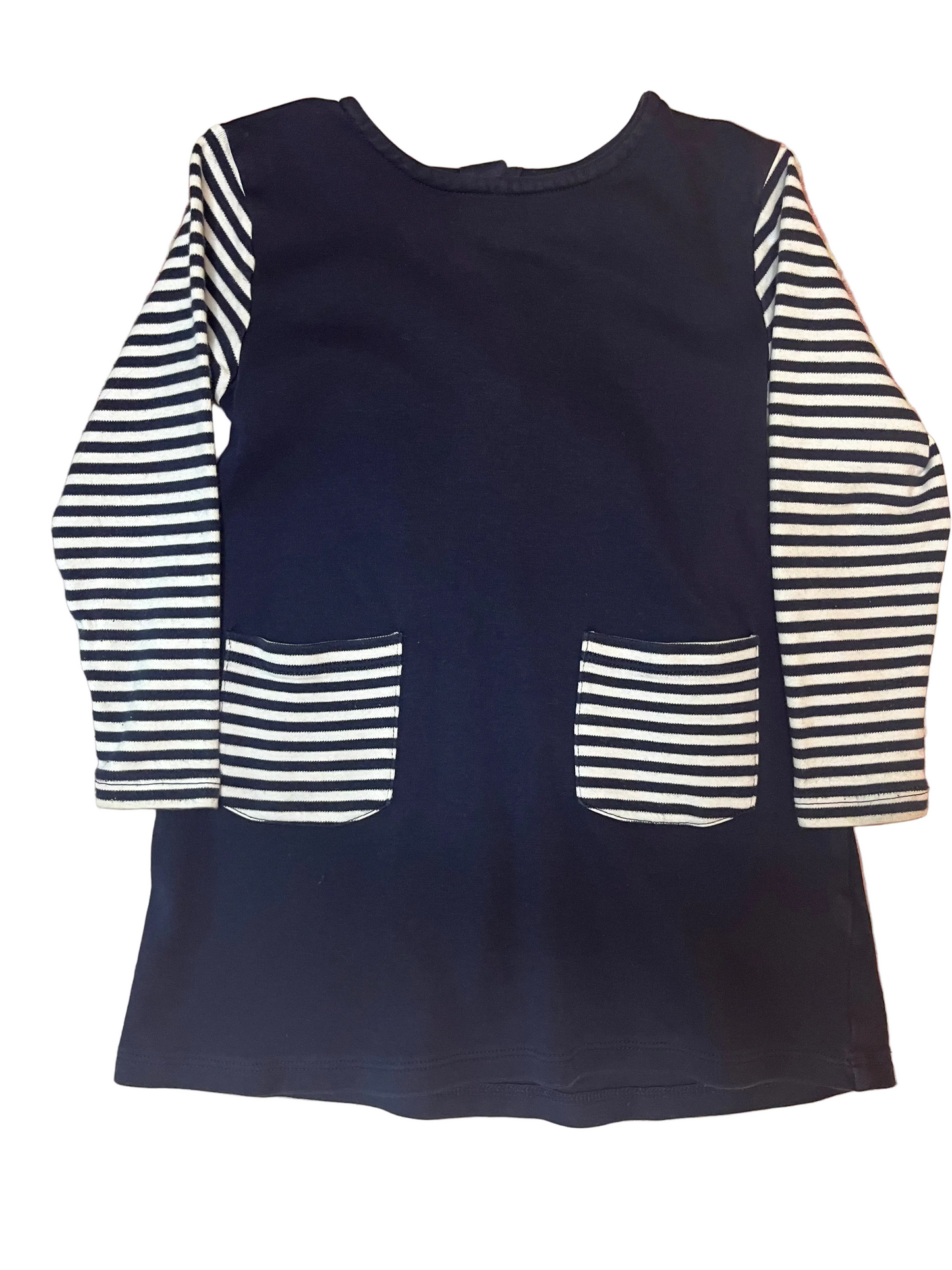 Navy blue girls dress with white and navy striped long sleeves and front pockets