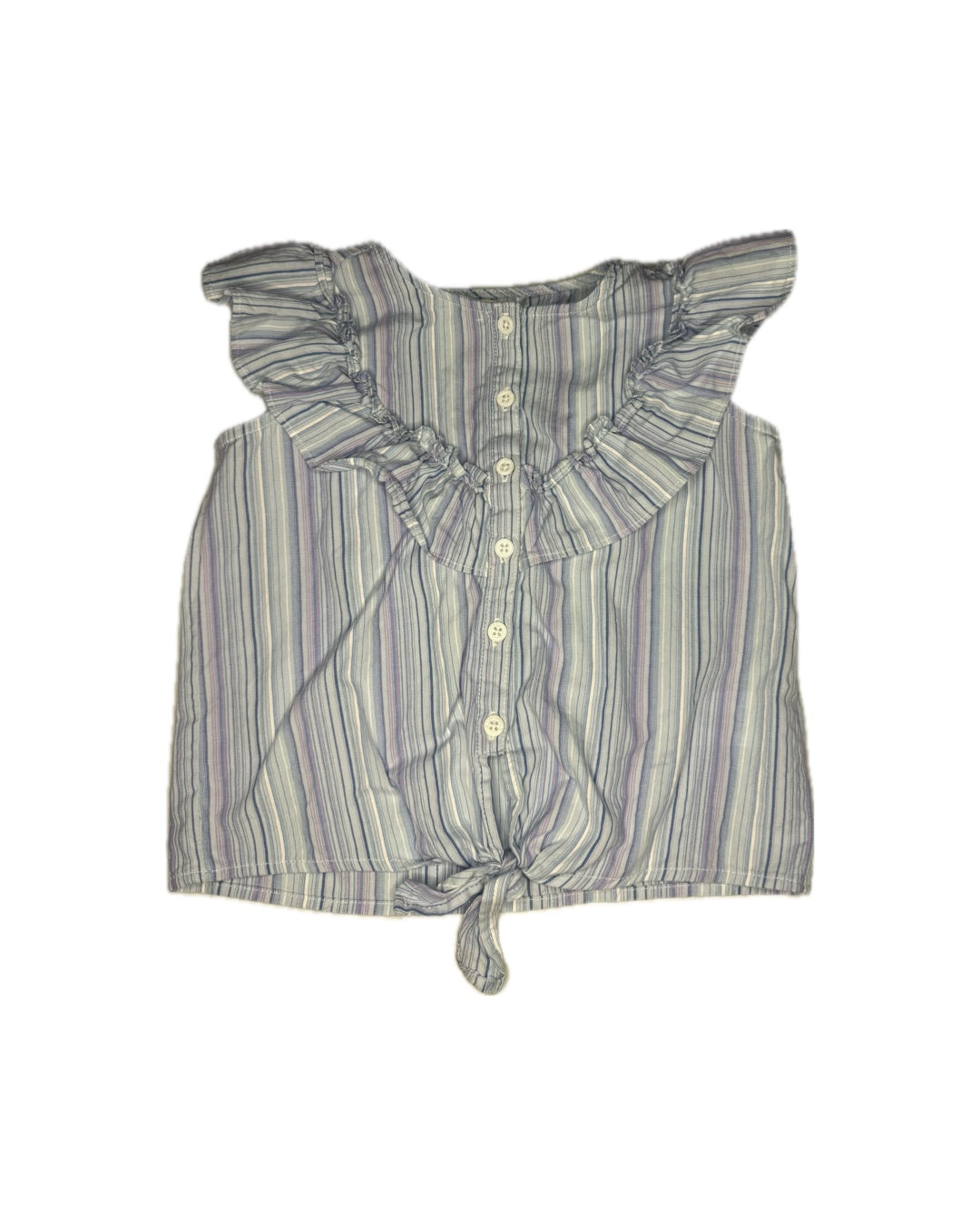 8Y Vignette Purple & Blue Striped Ruffle Tie Front Top
