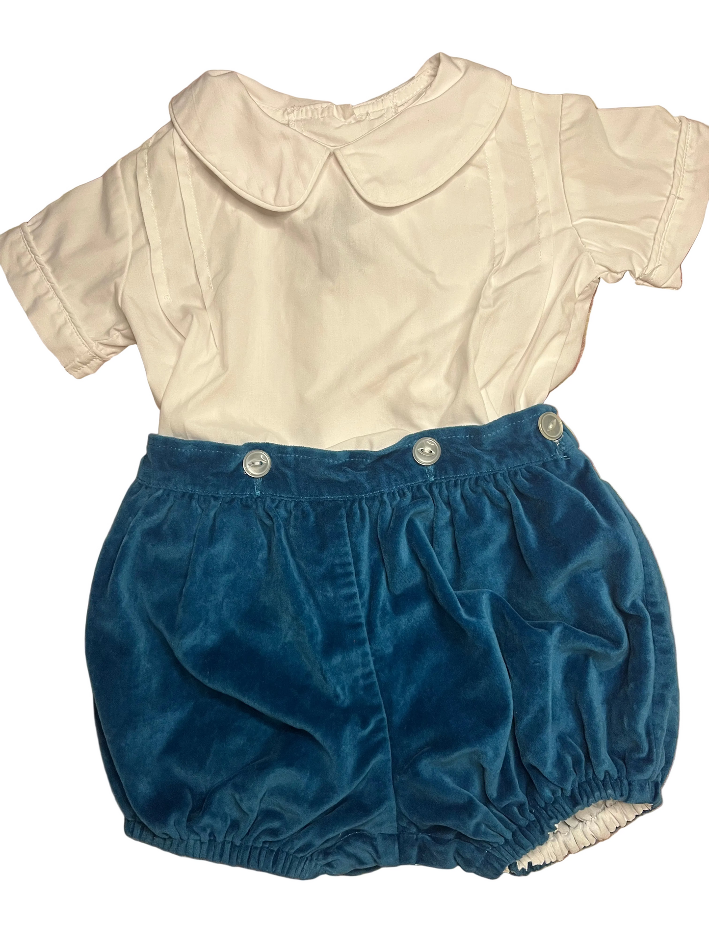 Classic children's outfit with white peter pan collar top and blue velvet bloomer shorts