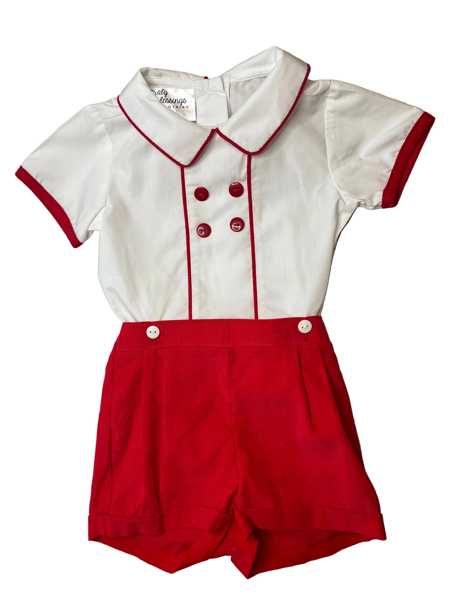 Red and white short sleeve button-up romper for toddlers with contrast piping and pleated shorts