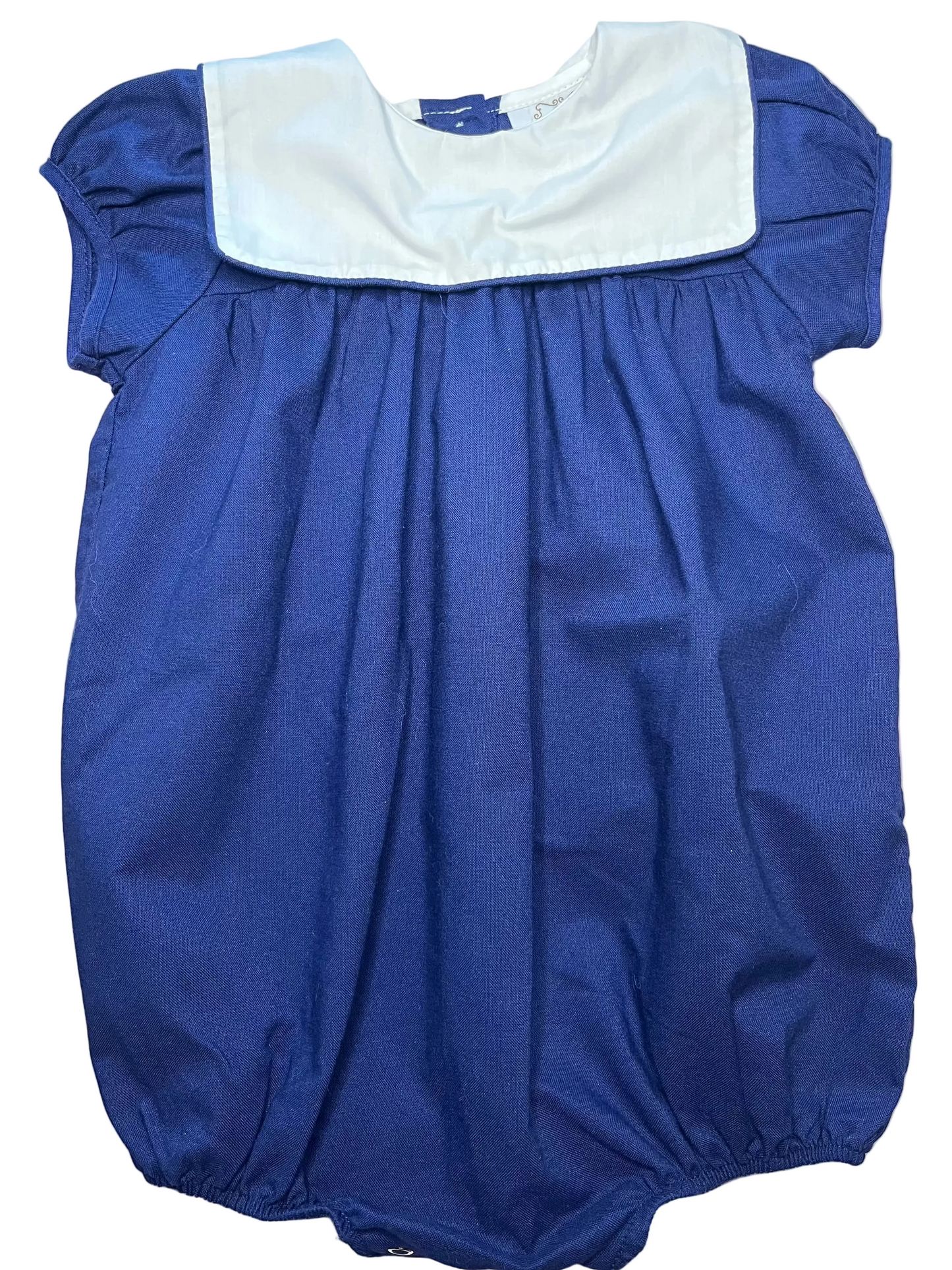 Classic navy blue baby romper with short sleeves and white square collar
