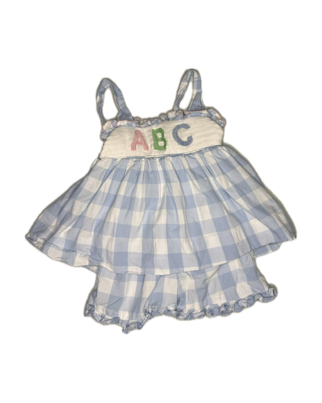 2T Cecil & Lou Baby Blue Gingham ABC Smocked Short Set
