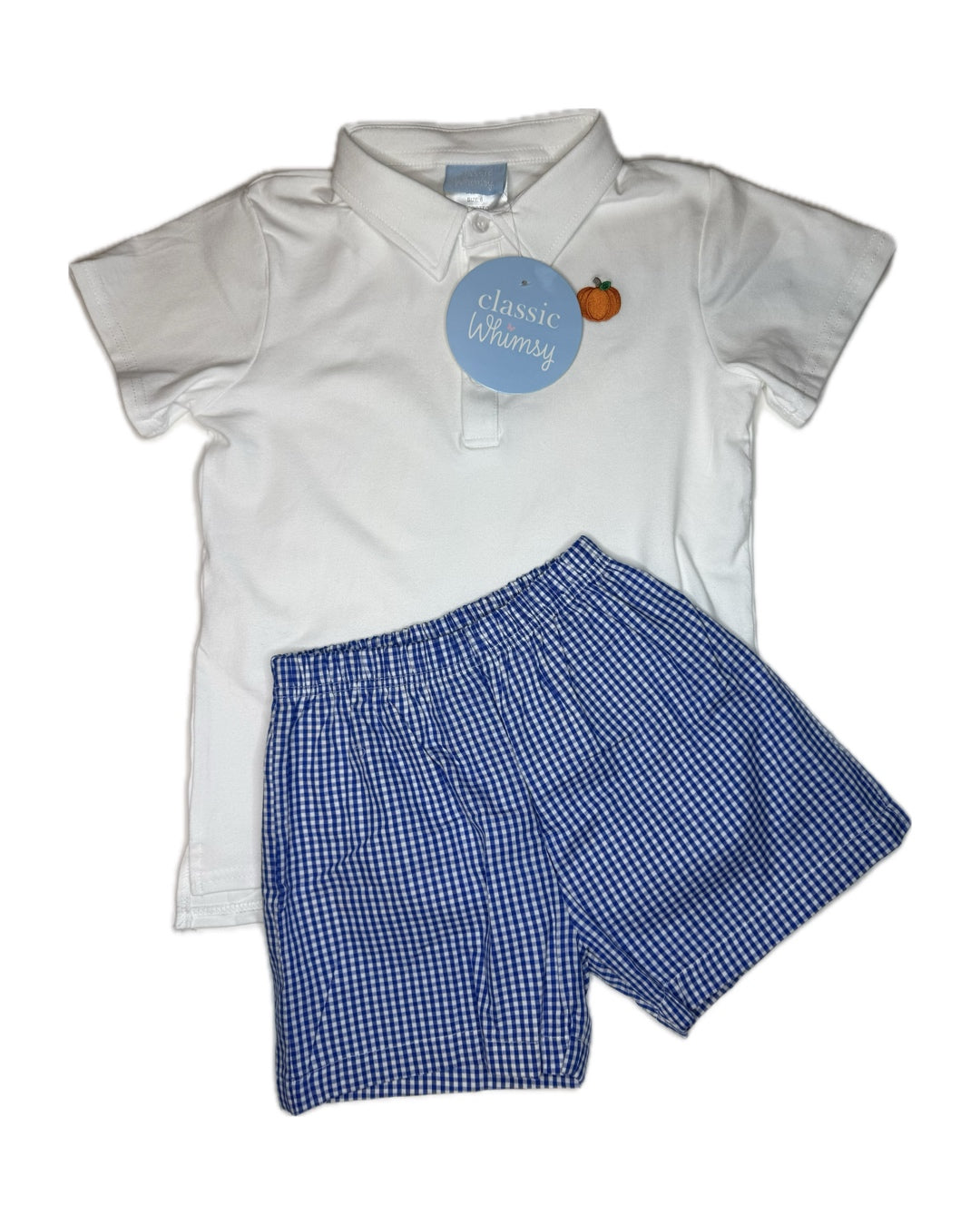 White polo shirt with pumpkin embroidery and blue gingham shorts kids outfit set