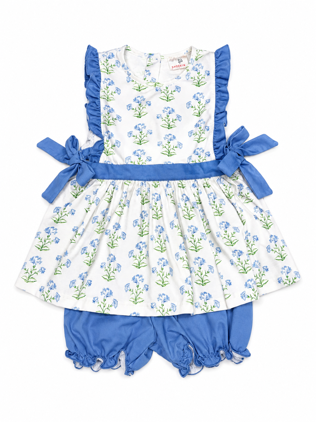 8 Smocking Bird Blue Floral Tie Side Knit Bloomer Set