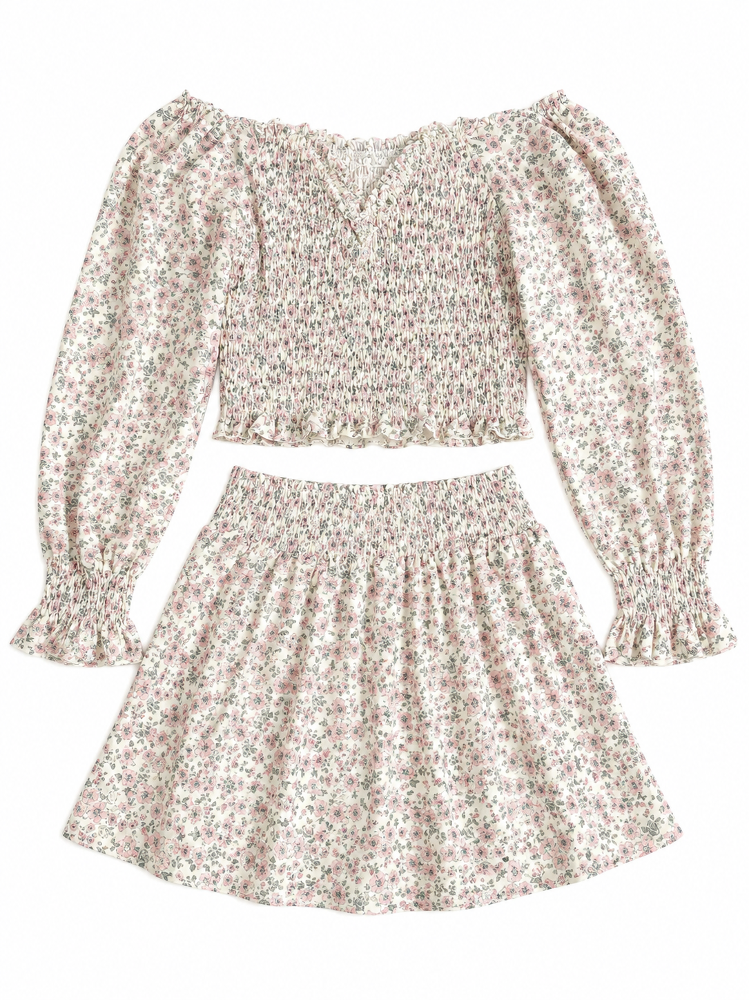 10 Be Elizabeth Floral Smocked Off The Shoulder LS Skirt Set