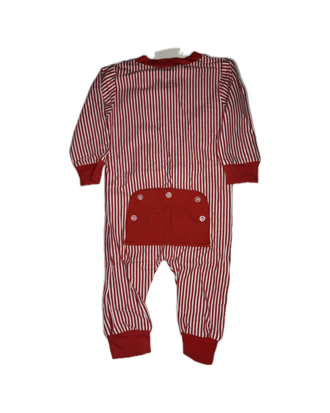 Red and white striped baby romper with buttoned back flap, long sleeves and cuffs