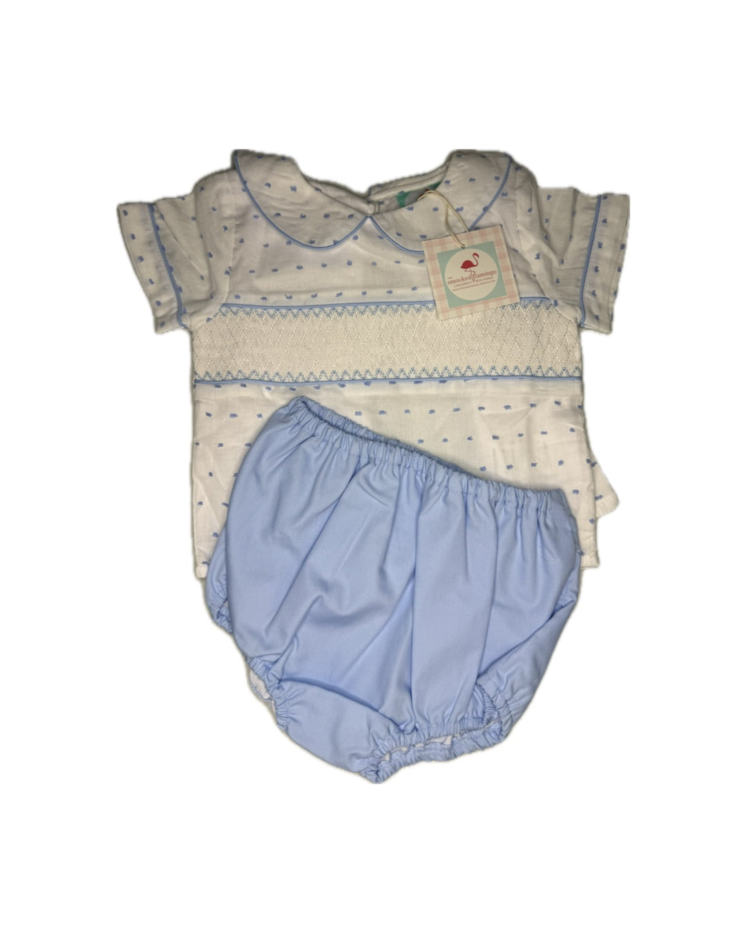 18M Smocked Flamingo Smocked Swiss Dot Diaper Set