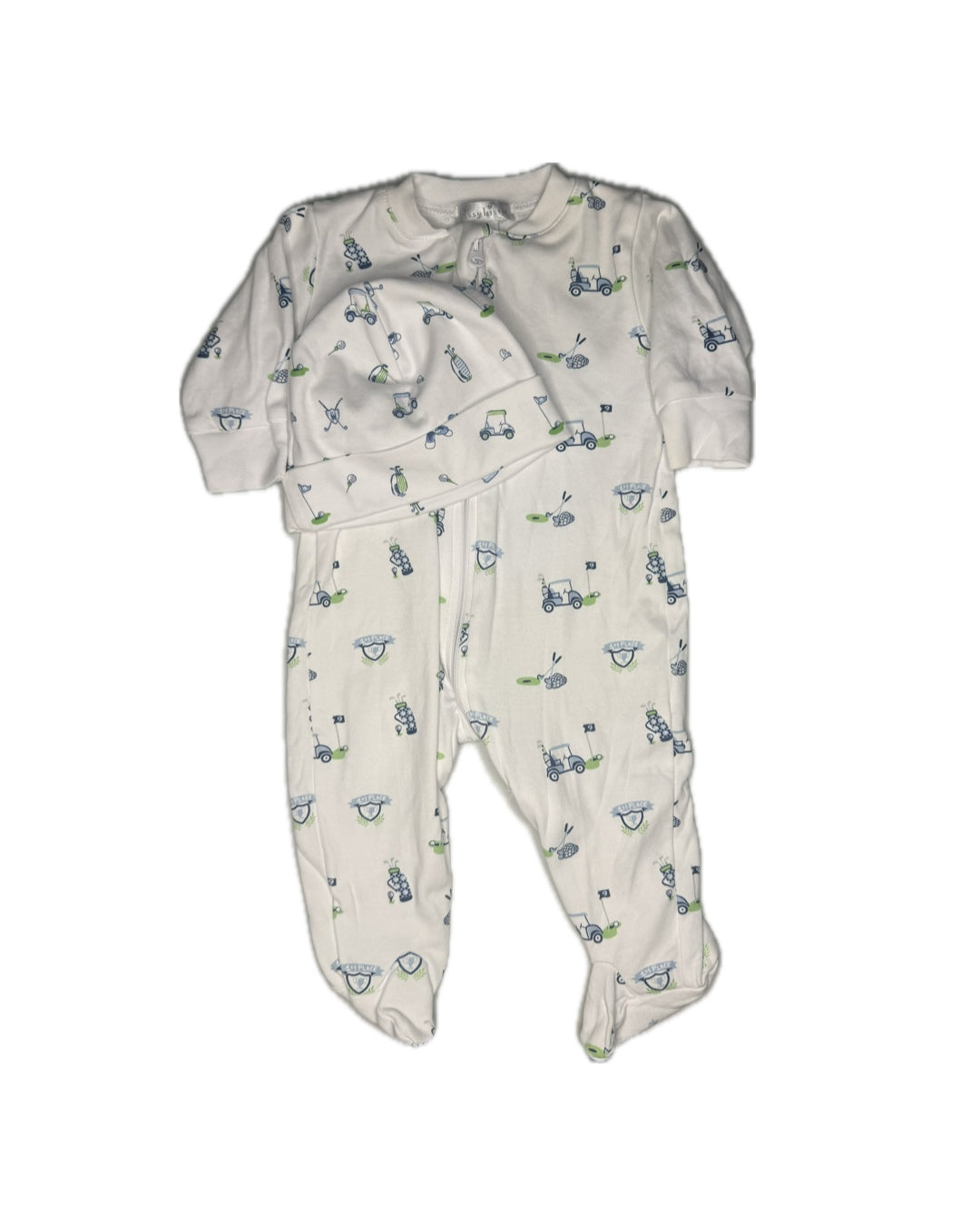 0/3M Kissy Kissy Golf Zip Up Pajama + Matching Bonnet