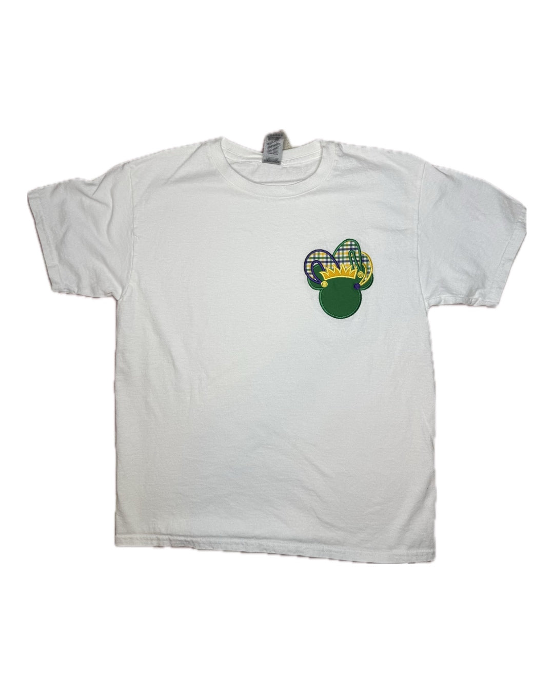 White children's t-shirt with colorful Mardi Gras hat graphic on front left chest.