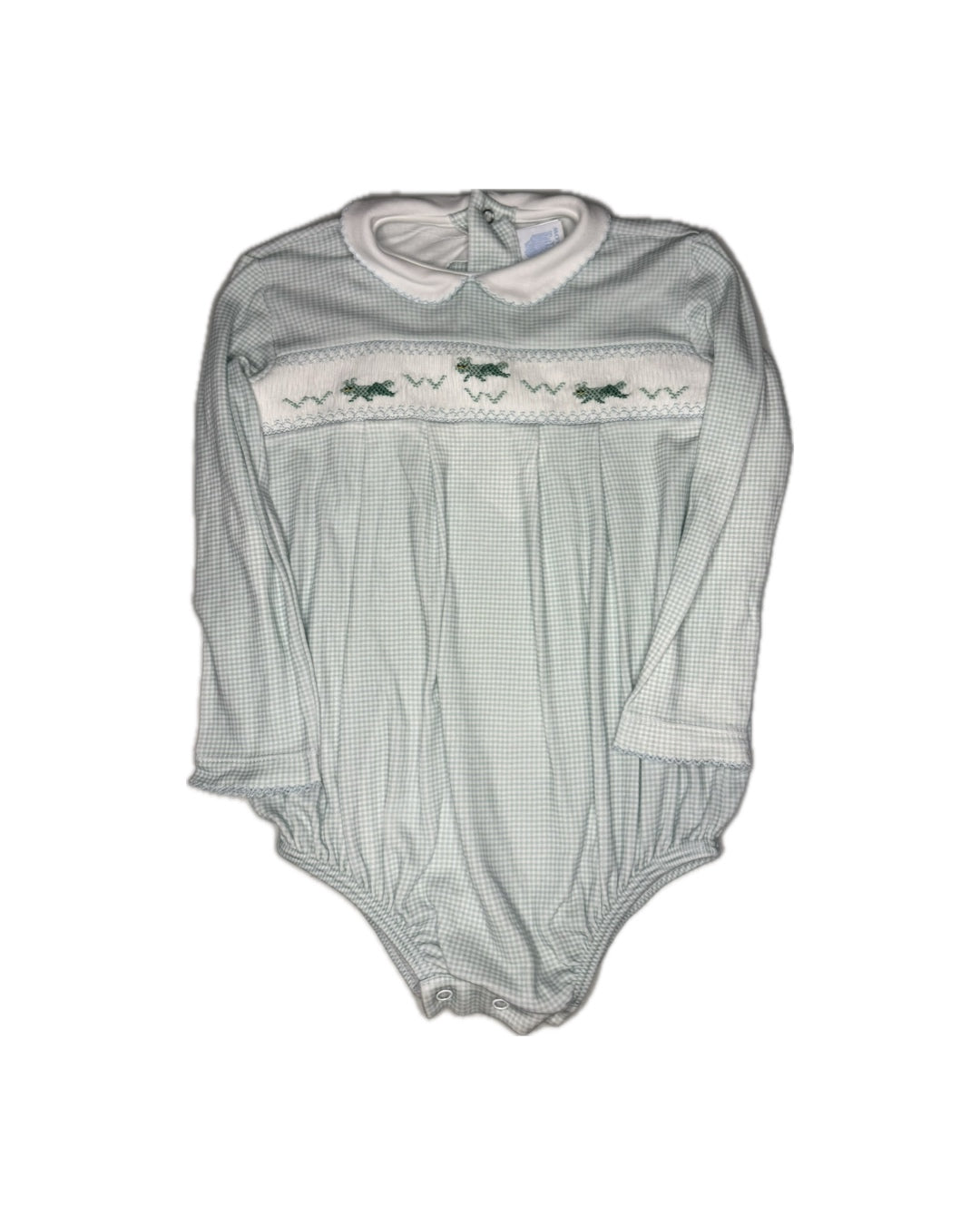 2T Willow Petit Sage Gingham Grasshopper Smocked LS Bubble