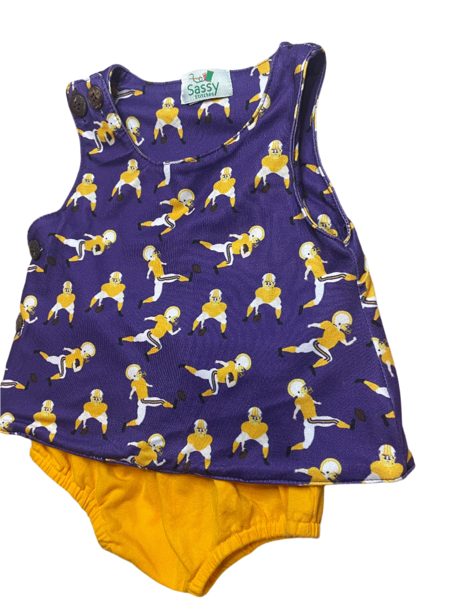 Purple sleeveless baby romper with yellow football player print and matching yellow bloomers