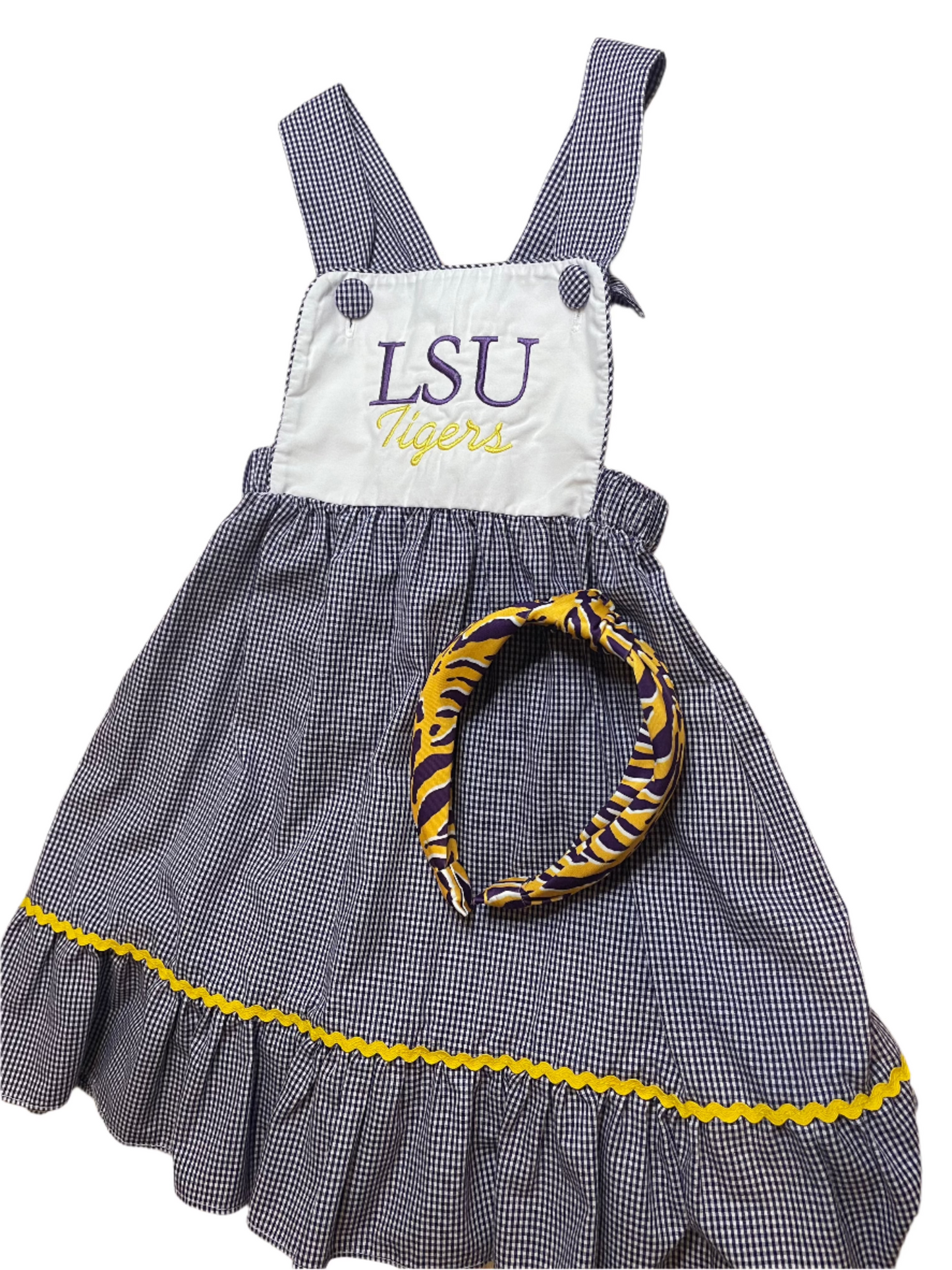 Girls gingham LSU Tigers dress with ruffle hem and matching headband, children's clothing