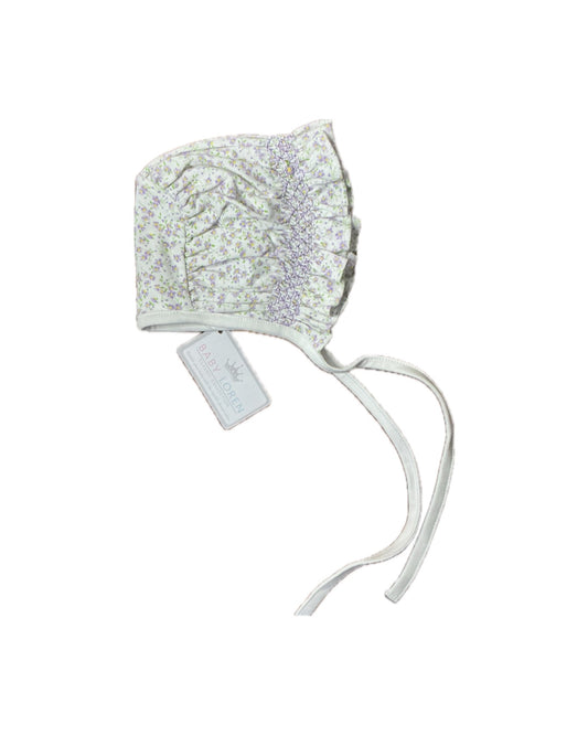 Baby bonnet with purple floral print, smocked detailing, and chin ties, suitable for infants.