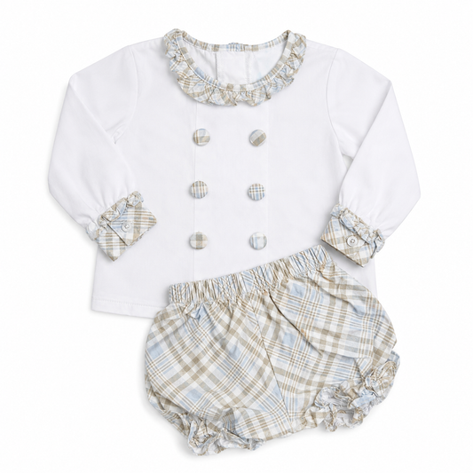 18M Stitchy Fish Light Blue/ Khaki Plaid Bloomer Set