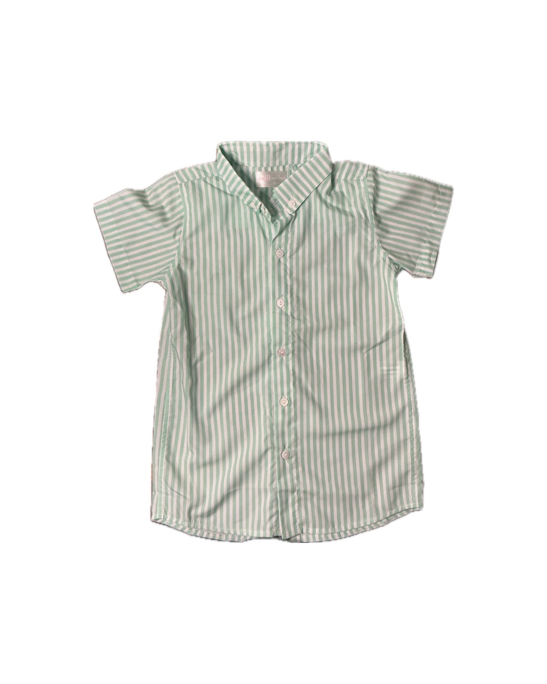 Green and white striped short sleeve button-down children's shirt on white background