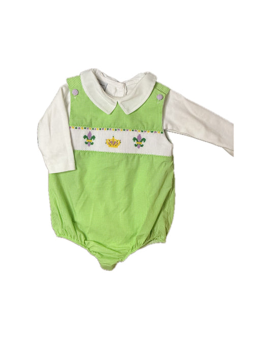 Boy 6M Krewe Smocked Mardi Gras Bubble and  9M Babidu Peter Collar  Pan LS Shirt