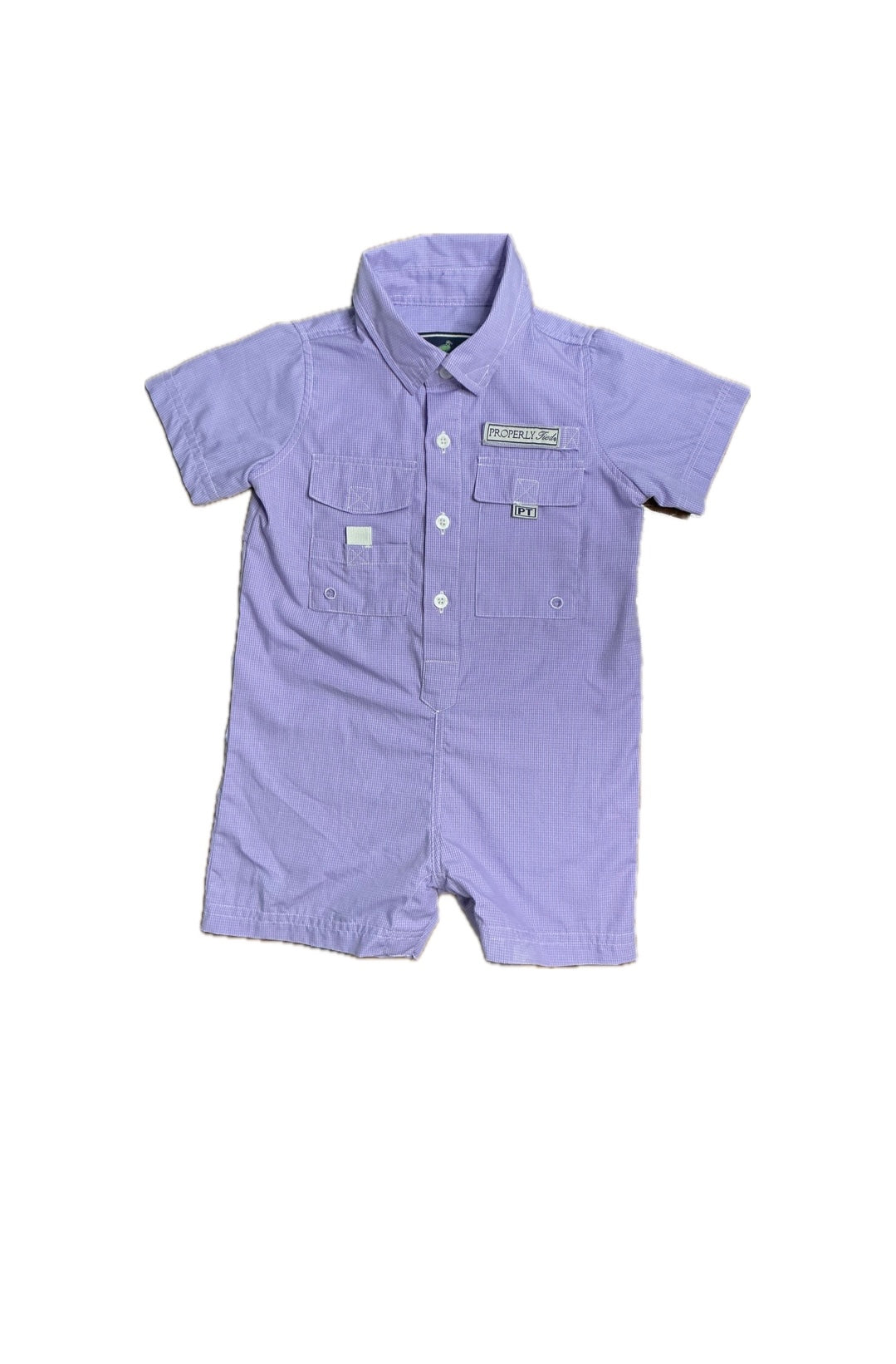 6-9M Properly Tied Performance Fishing Shortall Romper in purple