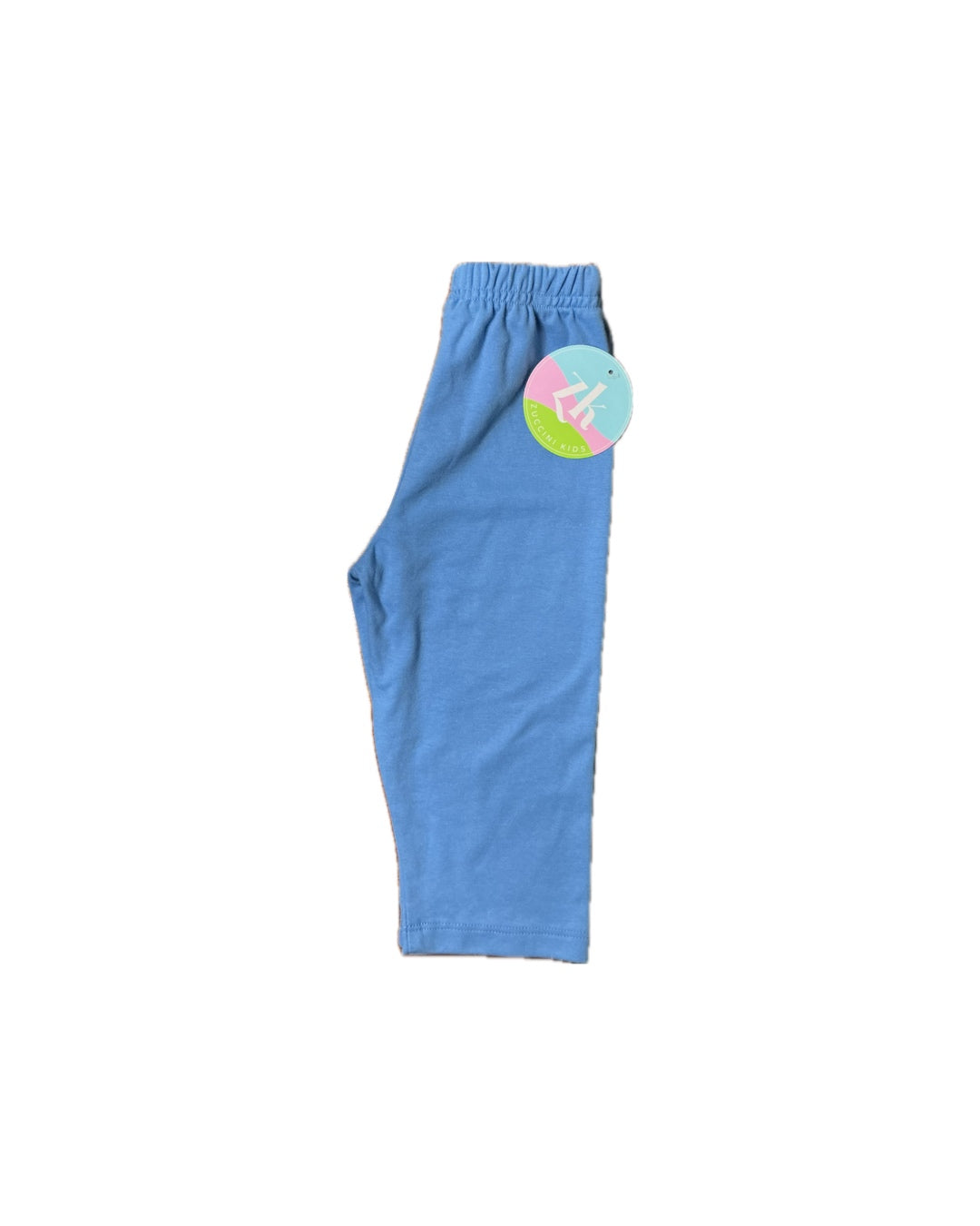Blue toddler leggings with elastic waistband and Zuccini Kids tag
