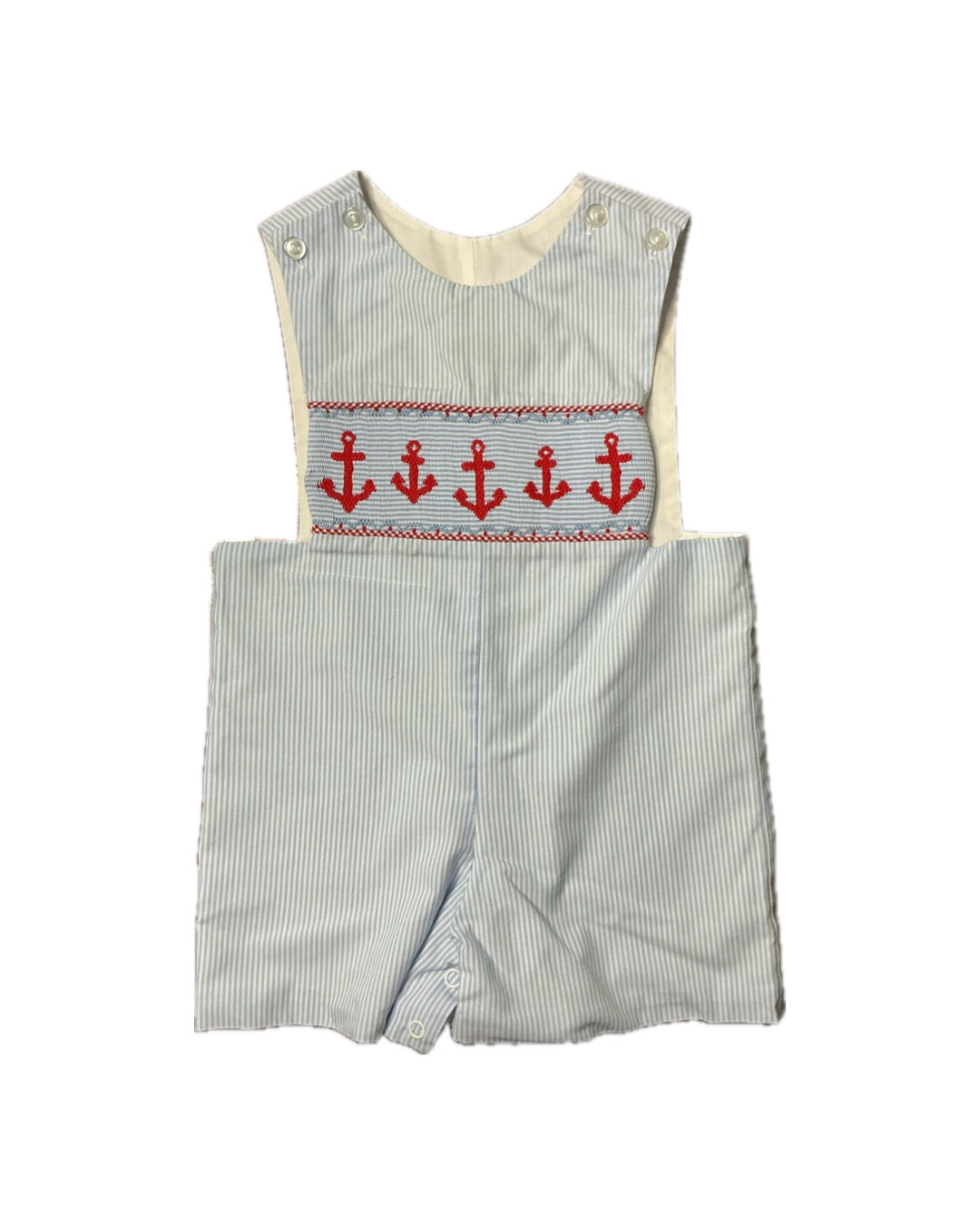 Striped blue toddler romper with red anchor smocking, nautical boys' outfit.