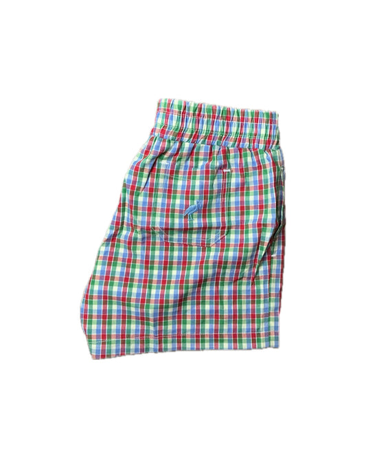 Boy 6 TBBC Sheffield shorts in Miss Porter's Plaid with a Park City Periwinkle Stork logo