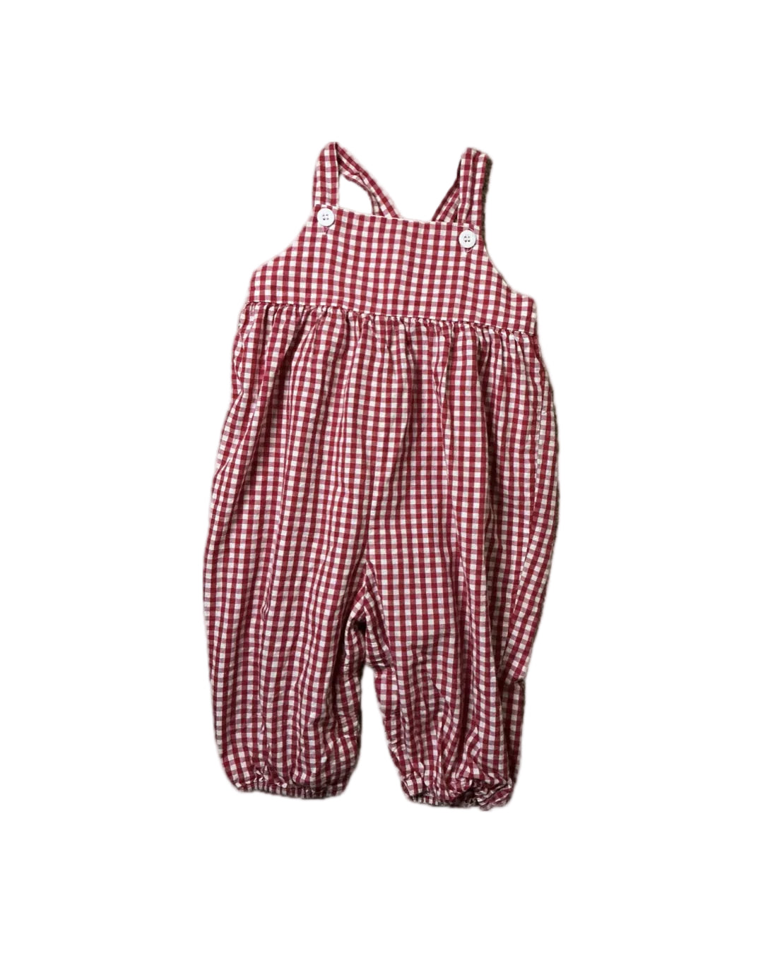 Red and white checkered baby romper on a white background