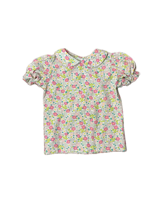 Girls' floral puff sleeve top with Peter Pan collar, pink and green pattern, classic style
