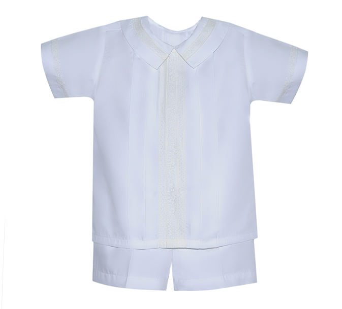 White short sleeve boys' dressy set with lace trim, classic children's clothing outfit