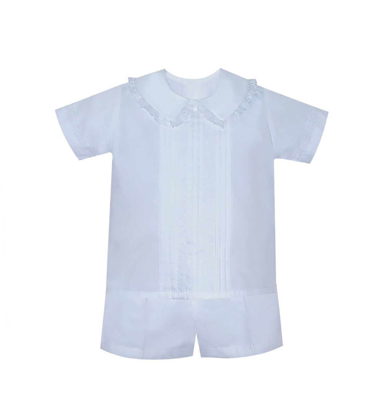Classic white short sleeve boys romper with pintuck details and Peter Pan collar
