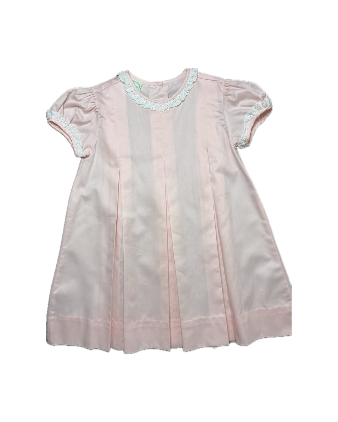 Light pink short sleeve girls dress with lace trim and pleated front, classic children's clothing
