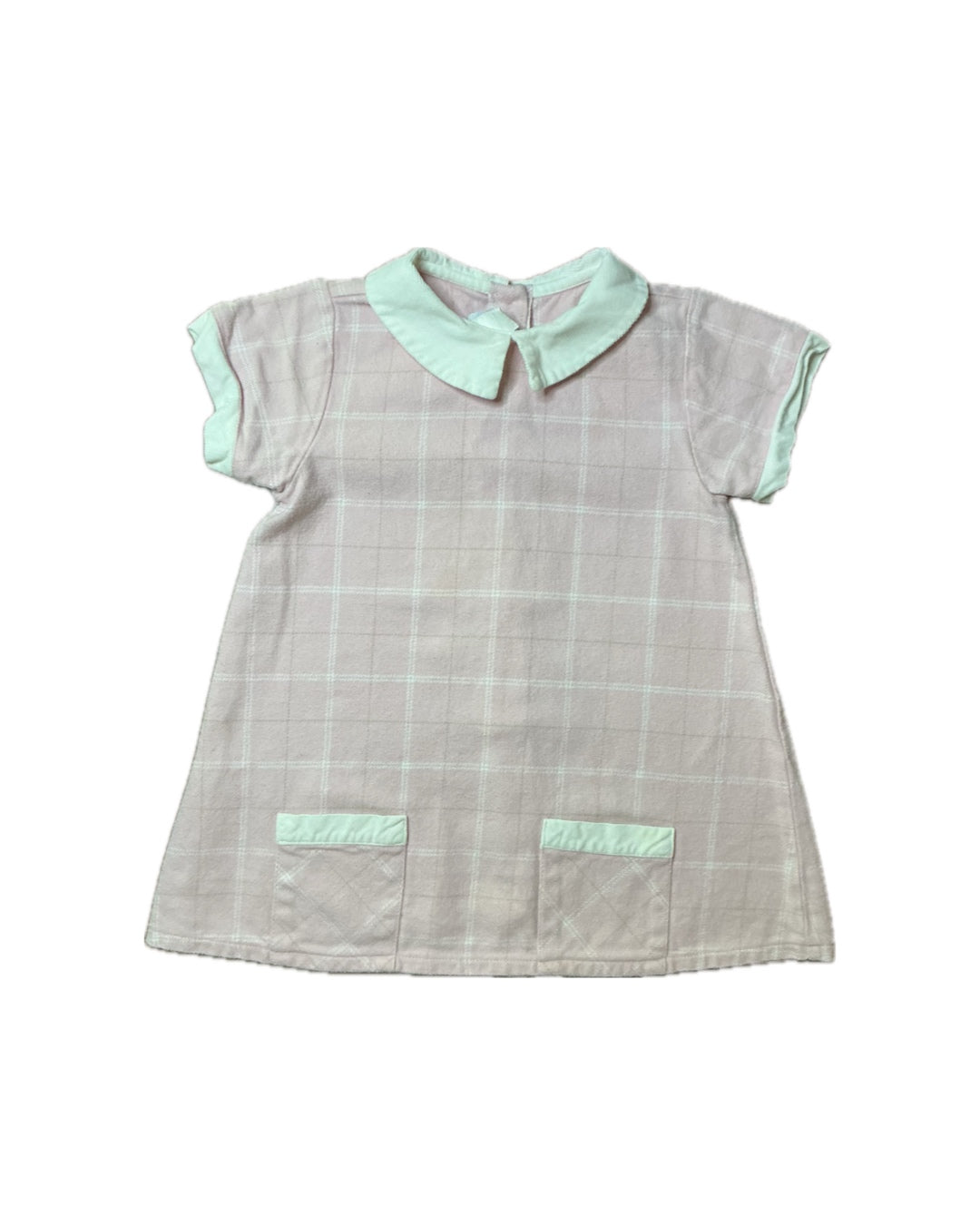 Girls plaid short sleeve dress with mint collar and pockets, classic children's clothing