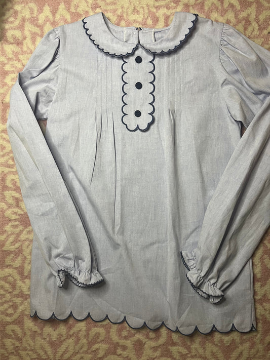 12 Bella Bliss Scallop Trim Blouse in Chambray and Navy