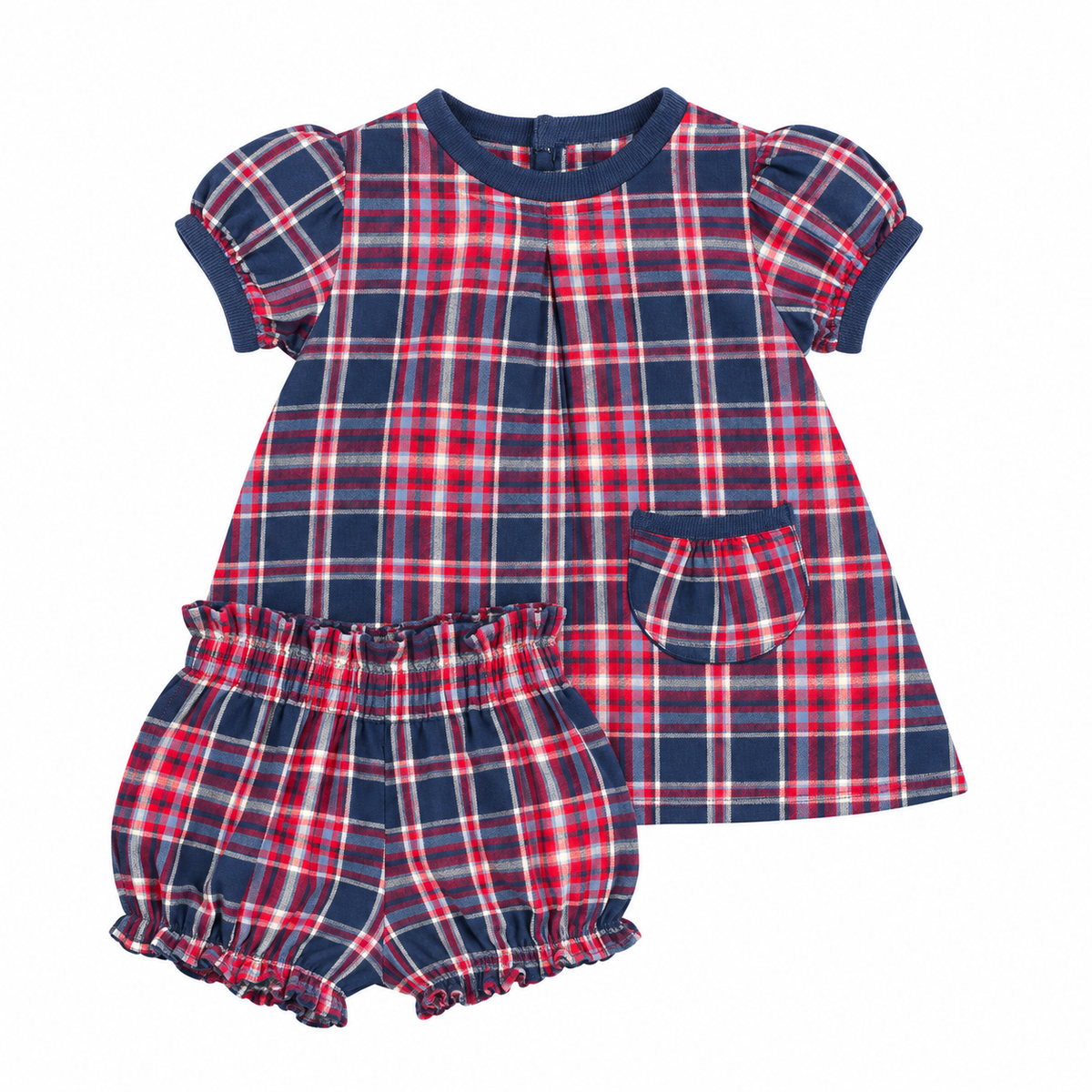 3T Smockingbird Blue and Red Plaid Bloomer Set