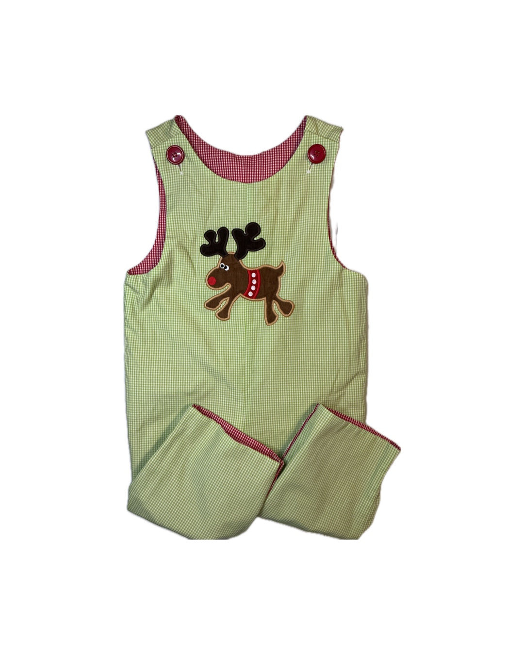Green gingham children's romper with reindeer applique, red trim, holiday clothing.